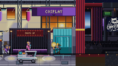 A night street outside a purple cosplay hall, the white utility cart driving past with its headlights lit and two pools of light on the road ahead of it.