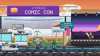 The venue entrance in morning light: a CYPRUS COMIC CON arch over a ticket hall, bunting strung across the forecourt, and the white utility cart driving in past two visitors.