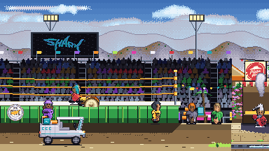 An outdoor wrestling ring under floodlights, a wrestler mid-throw above the ropes, a packed crowd on the bleachers behind and hills on the horizon.