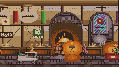 A stone-walled tavern interior lit by a fire in a large arched hearth, with banners, a stained glass window, barrels and drinkers at the bar.