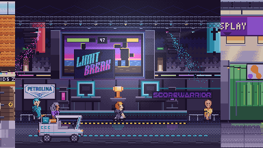 A neon-lit esports arena, a huge screen showing a falling-block game above rows of monitors, players at their stations and a Scorewarrior sign on the wall.