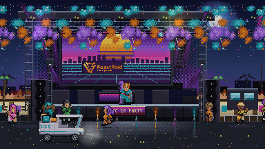 The night finale: a lit main stage with a band playing, speaker stacks either side, confetti and fireworks overhead and a crowd along the barrier.